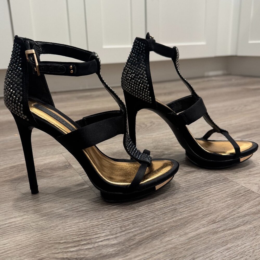 BCBG MAXAZRIA 290 Crystal Gold Dress T-Strap High H Stilletos Women's 6.5